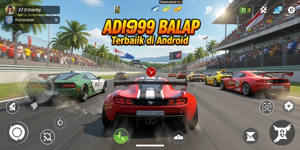 Tampilan gameplay balap ADI99 dengan mobil cepat dan trek berliku.