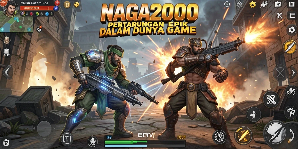 Screenshot gameplay NAGA2000 menampilkan pertarungan epic karakter.
